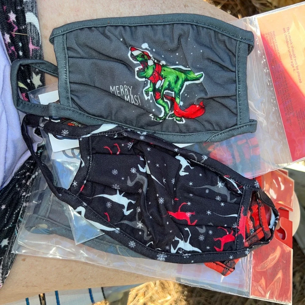 NWT youth Christmas cloth face mask Dinosaurs, plaid 3 face madk per package